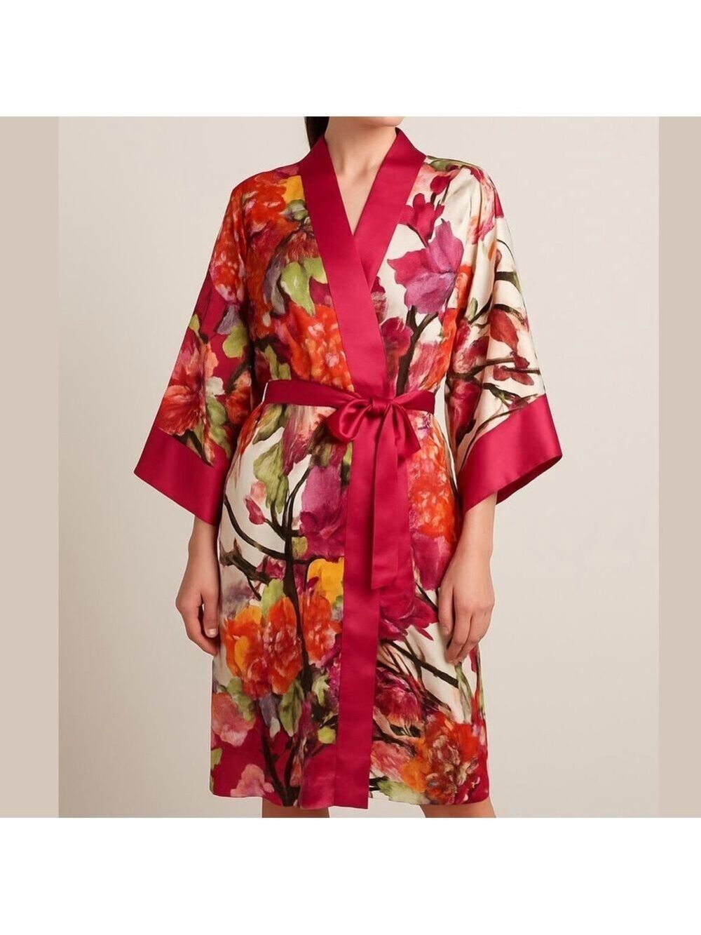 NATORI floral satin kimono robe colorful belted housecoat hot pink size large